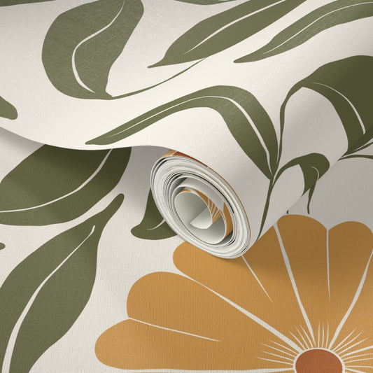 Yellow Block Print Daisy Wallpaper