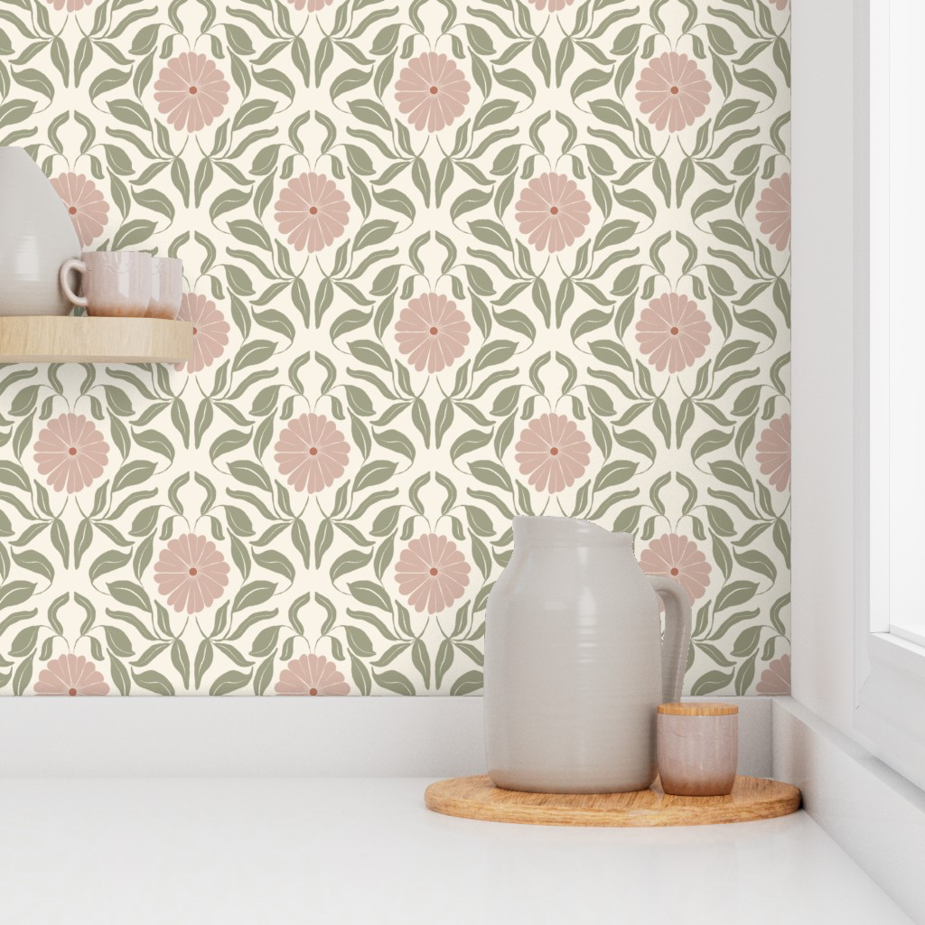 Pink Block Print Daisy Wallpaper
