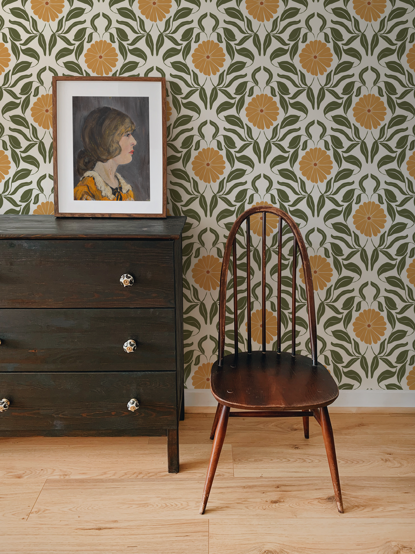 Yellow Block Print Daisy Wallpaper