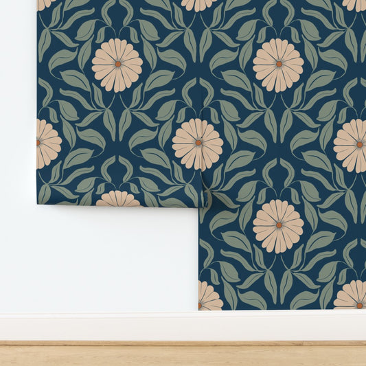 Blue Block Print Daisy Wallpaper