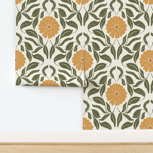 Yellow Block Print Daisy Wallpaper