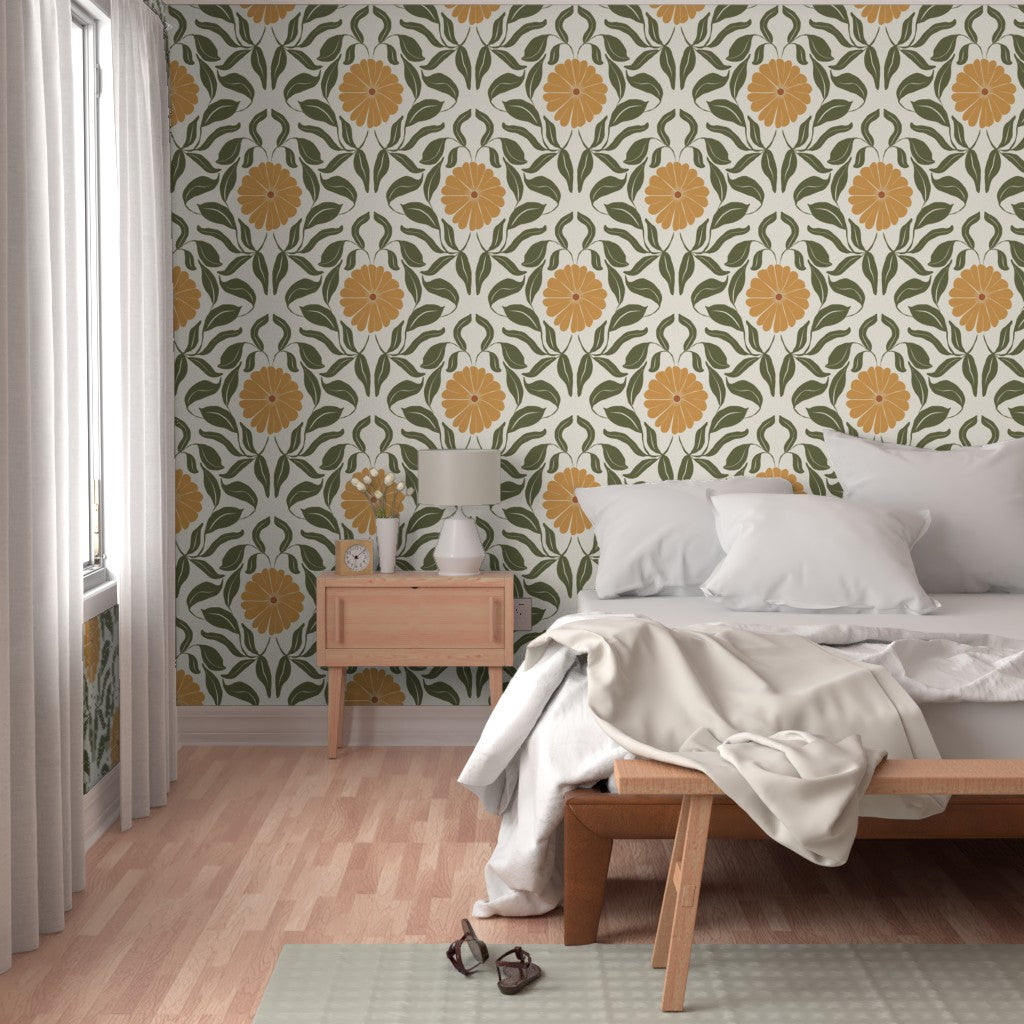 Yellow Block Print Daisy Wallpaper