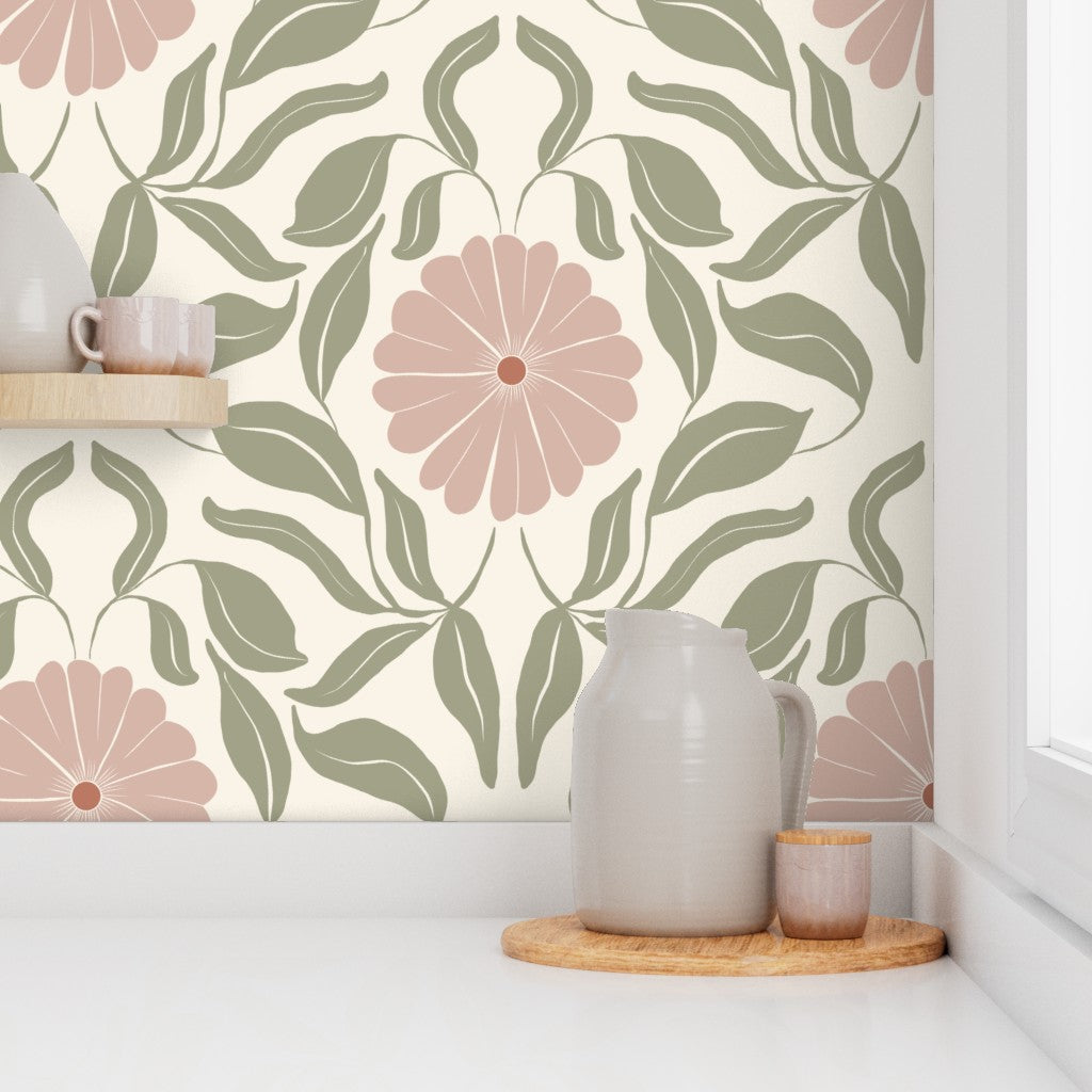 Pink Block Print Daisy Wallpaper