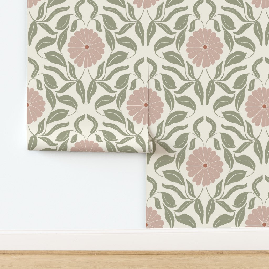 Pink Block Print Daisy Wallpaper