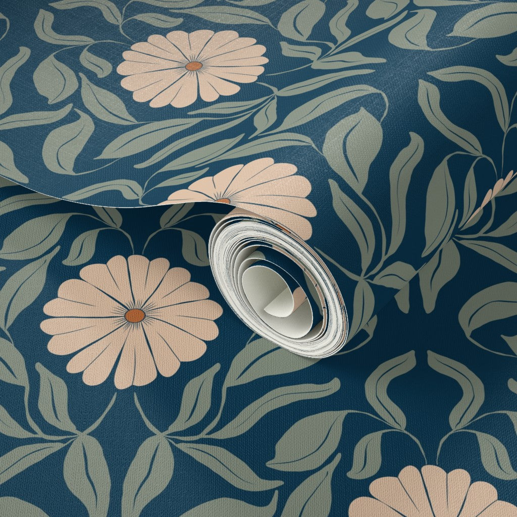 Blue Block Print Daisy Wallpaper