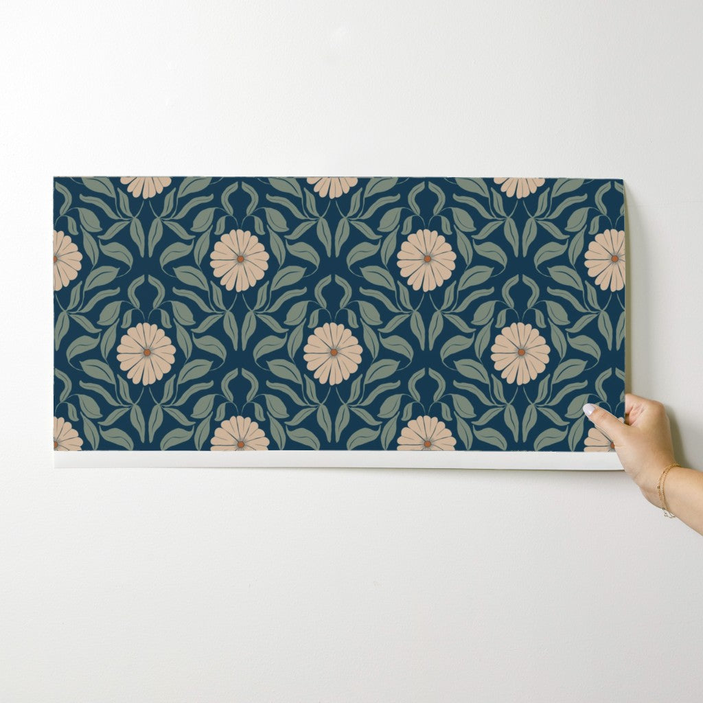 Blue Block Print Daisy Wallpaper
