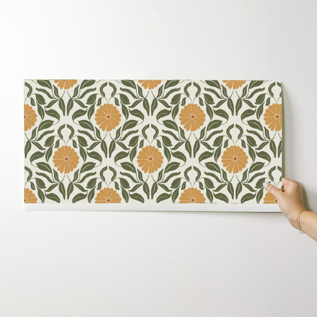 Yellow Block Print Daisy Wallpaper