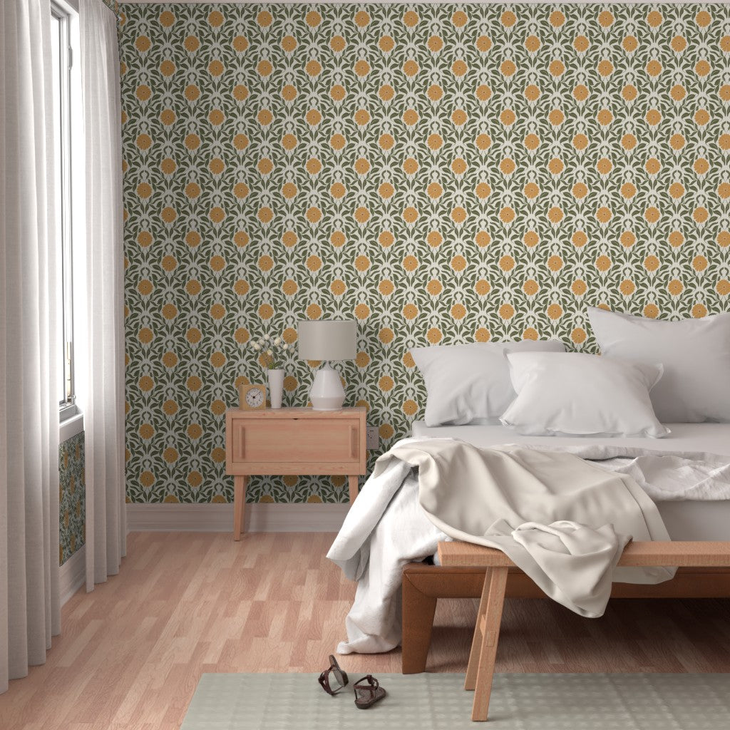 Yellow Block Print Daisy Wallpaper
