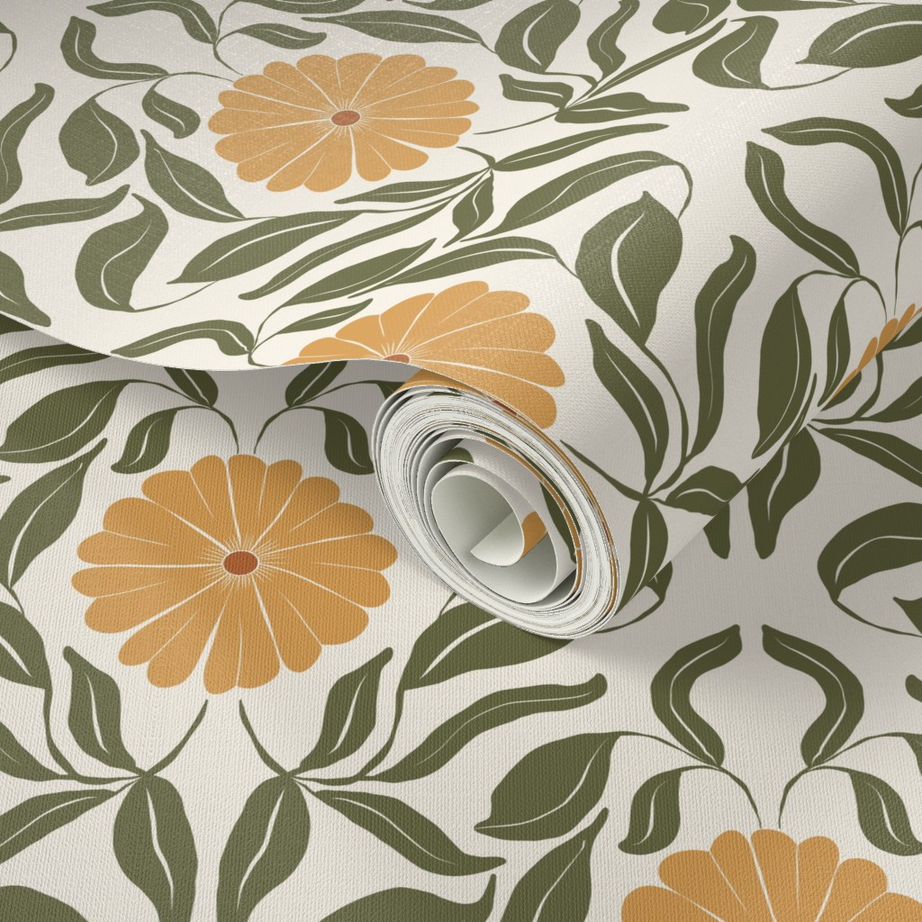 Yellow Block Print Daisy Wallpaper