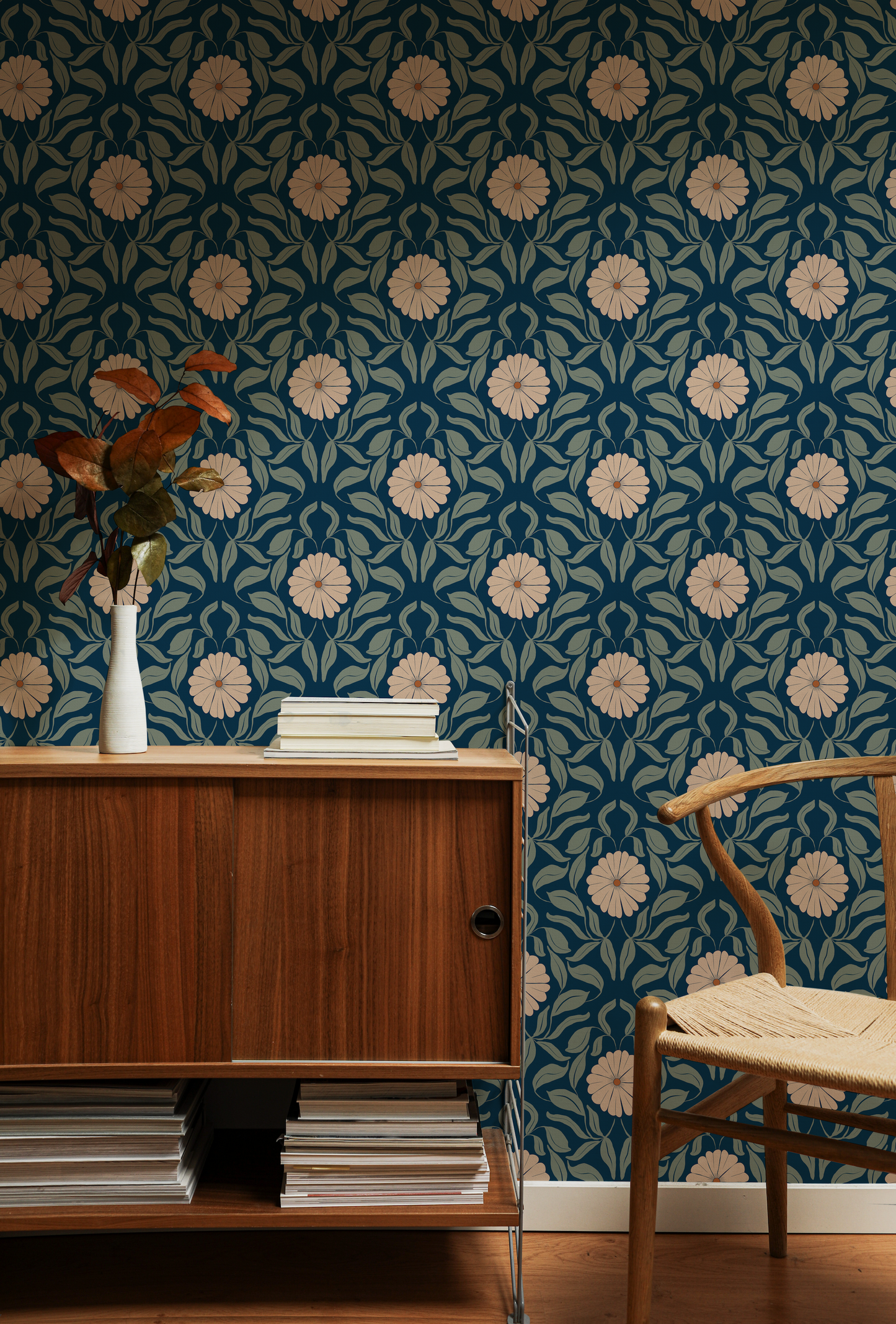 Blue Block Print Daisy Wallpaper
