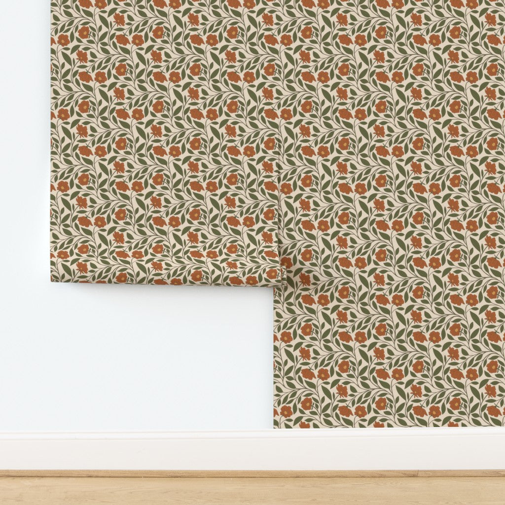 Floral patterned wallpaper with orange flowers on a beige background