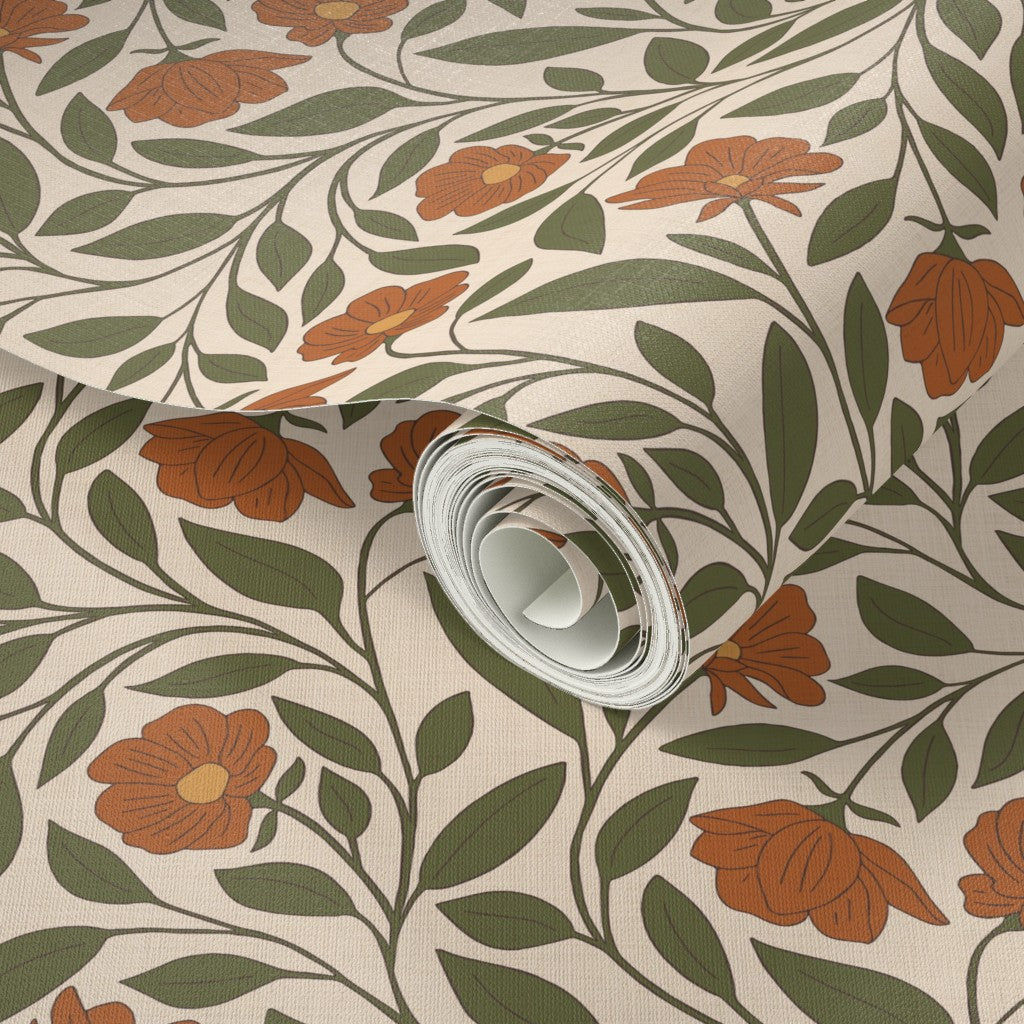 Roll of wallpaper with floral and leaf pattern