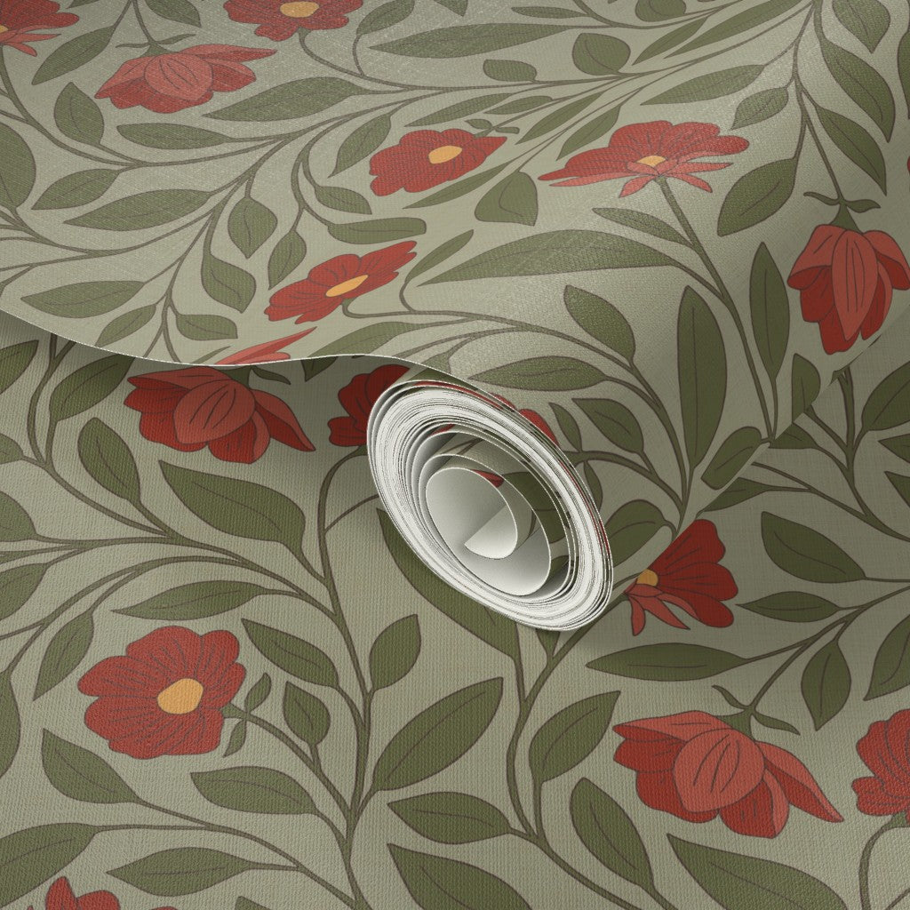 Roll of wallpaper with red floral and green leaf pattern